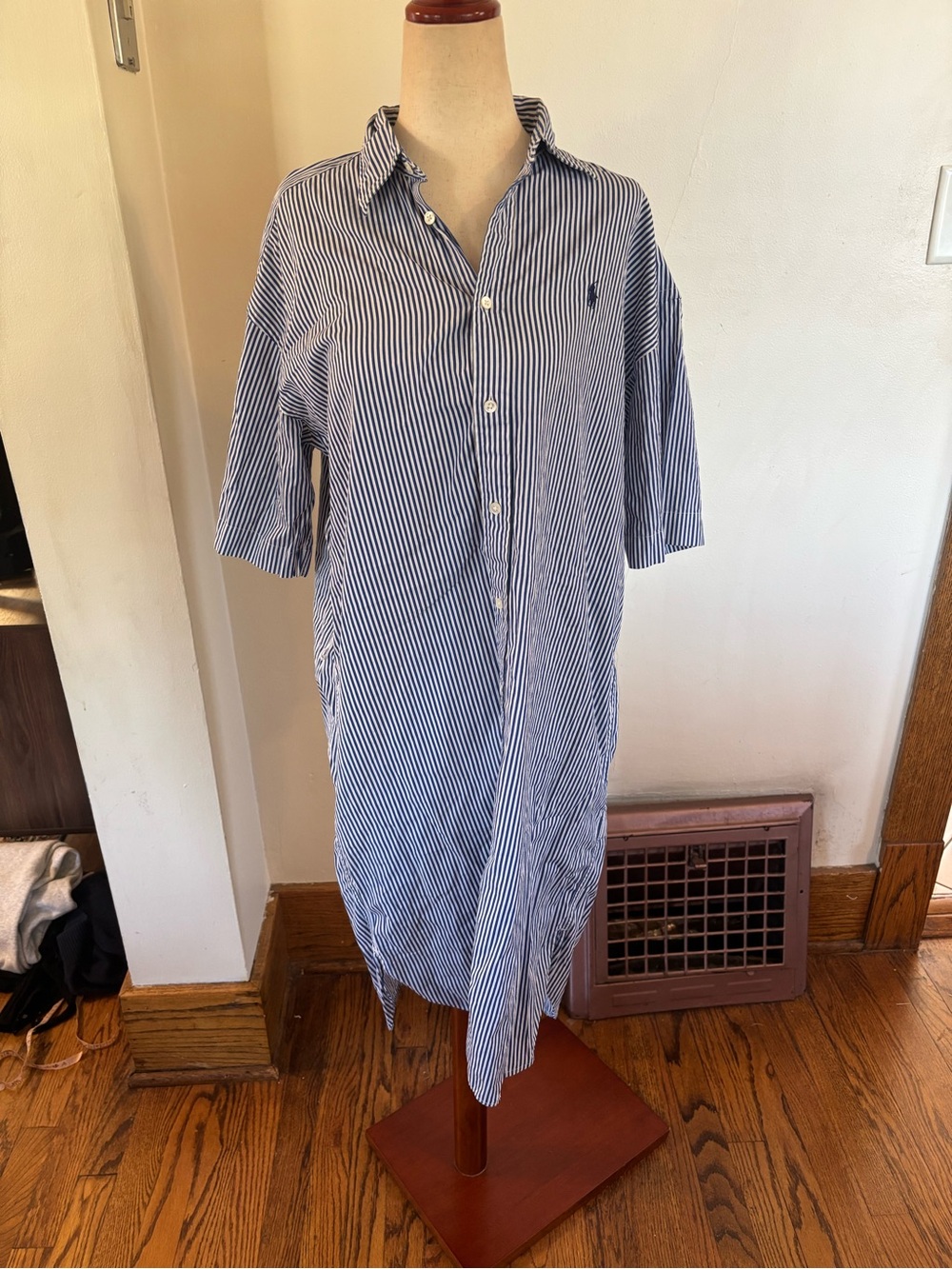 Polo Ralph Lauren Blue White Pinstripe Vertical Striped Shirt Dress coastal